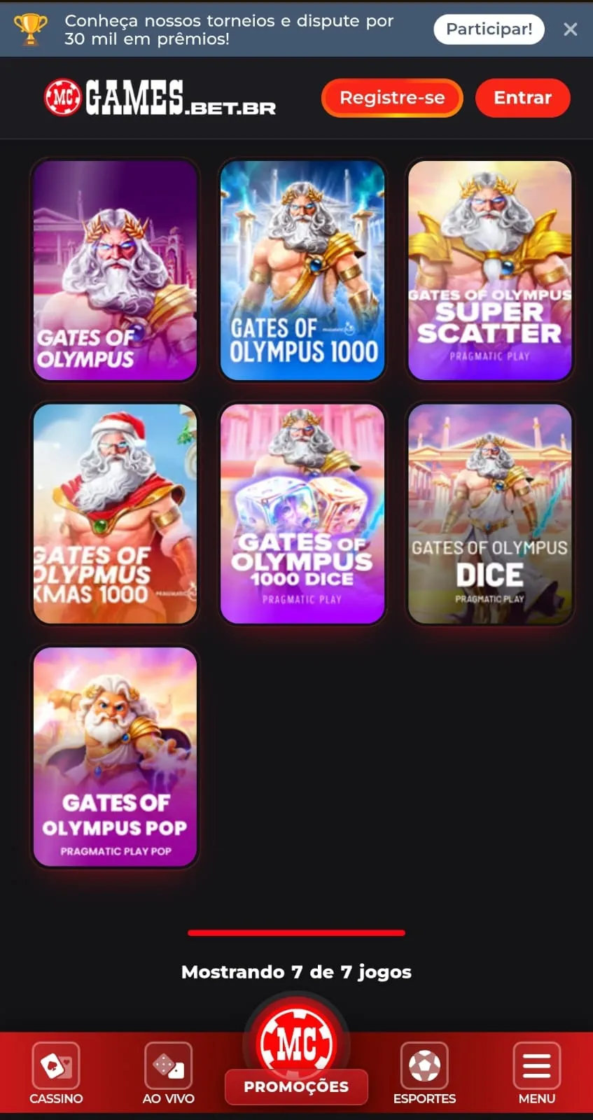 Painel de pesquisa da MC Games com 7 títulos da franquia Gates of Olympus