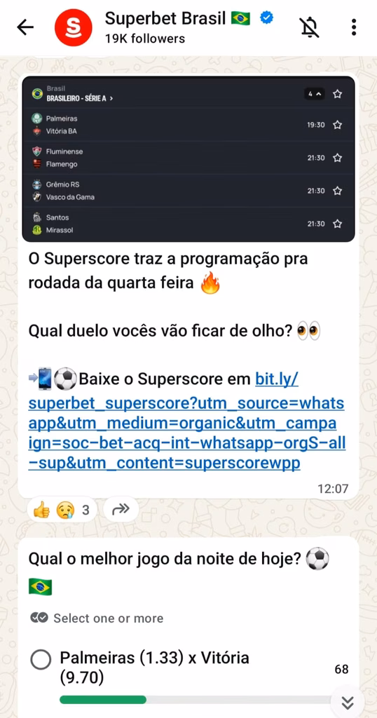 Canal da Superbet no Whatsapp com oferta Superscore nos jogos da rodada do Brasileirão e lin para acessar o site.