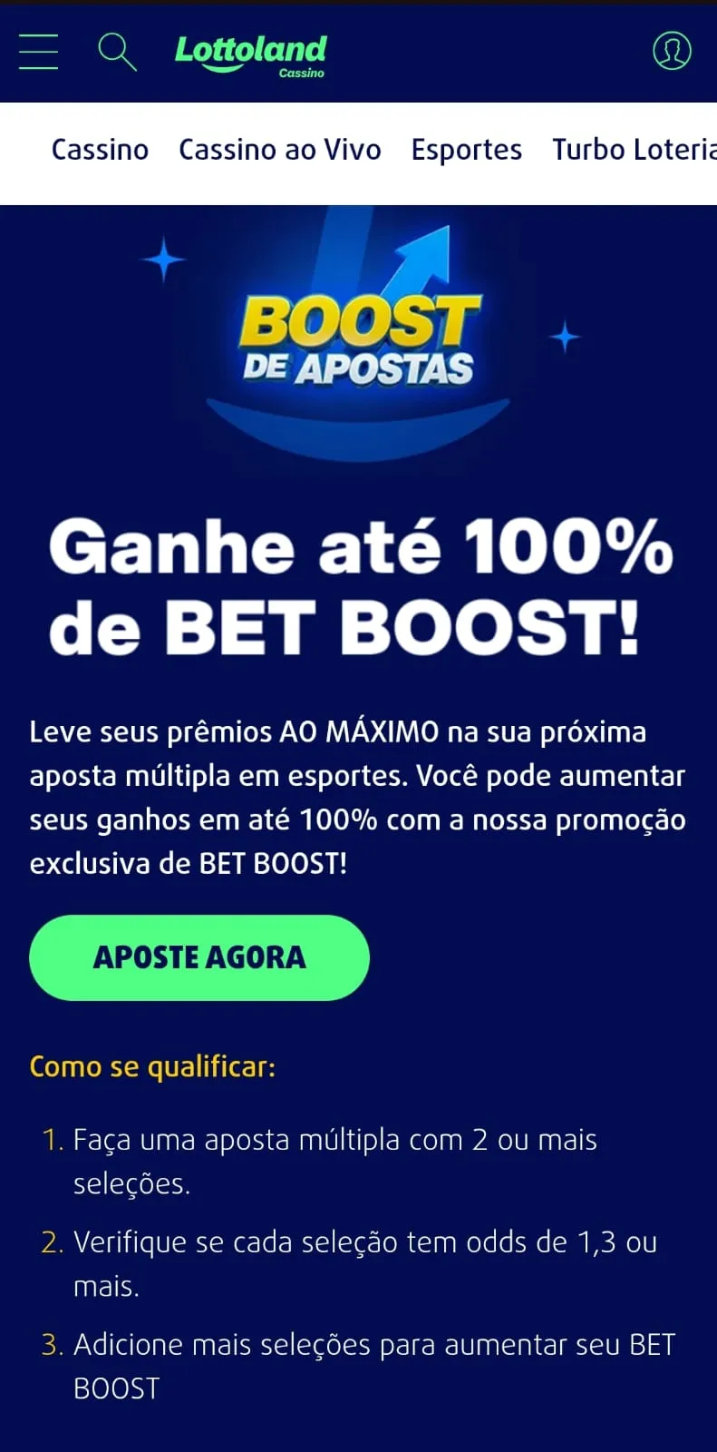 Bet Boost de até 100% na Lottoland, com texto explicativo da oferta no fundo azul e um botão de "Aposte Agora"