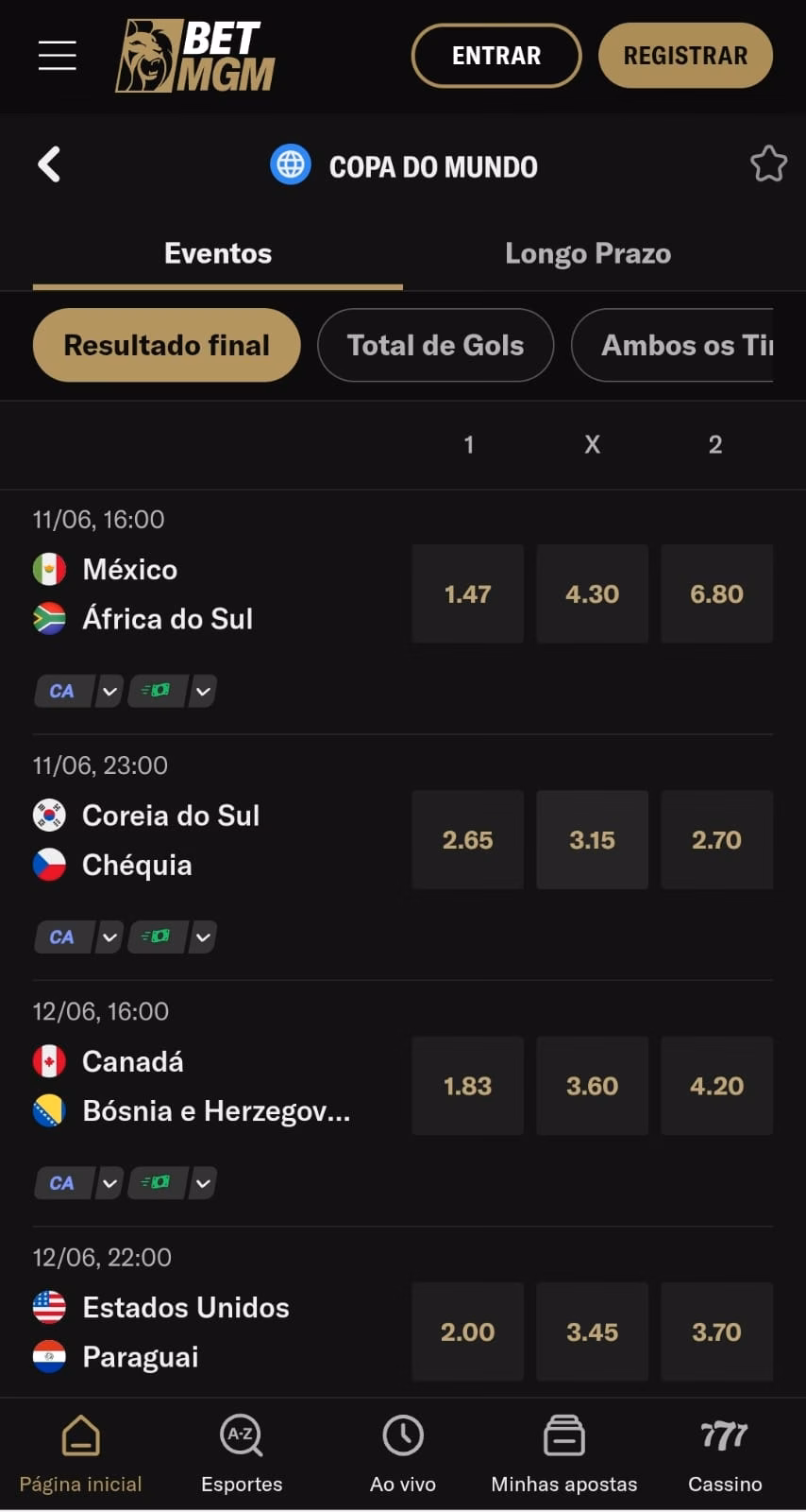  Seção da Copa do Mundo na BerMGM com mercados e odds para as primeiras partidas do Mundial
Data: 28/05/2026