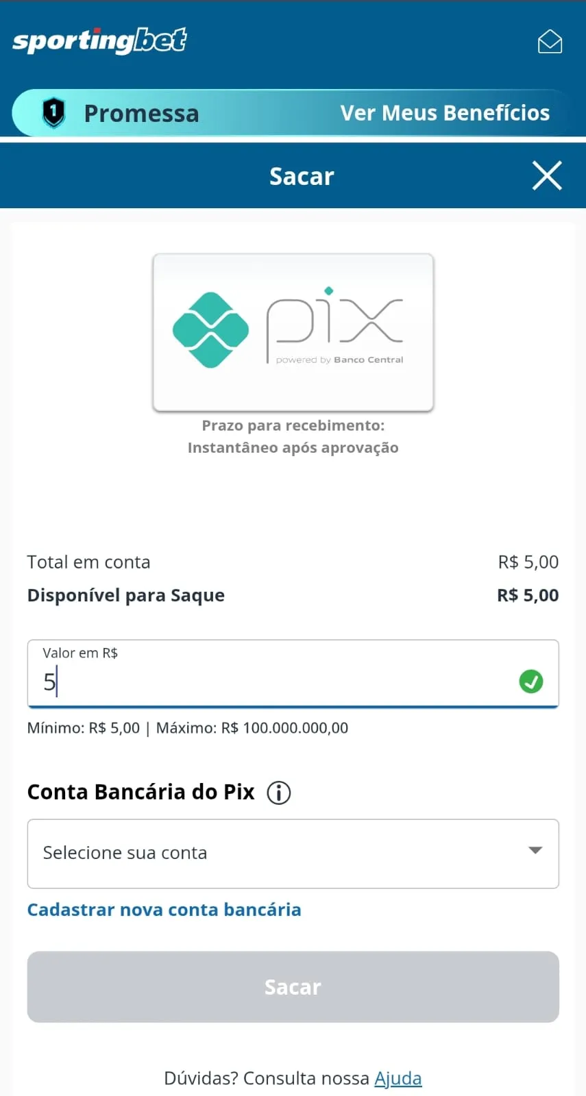 Print da página de saques da Sportingbet no celular, com destaque para os limites de saque e para o programa de fidelidade da empresa.