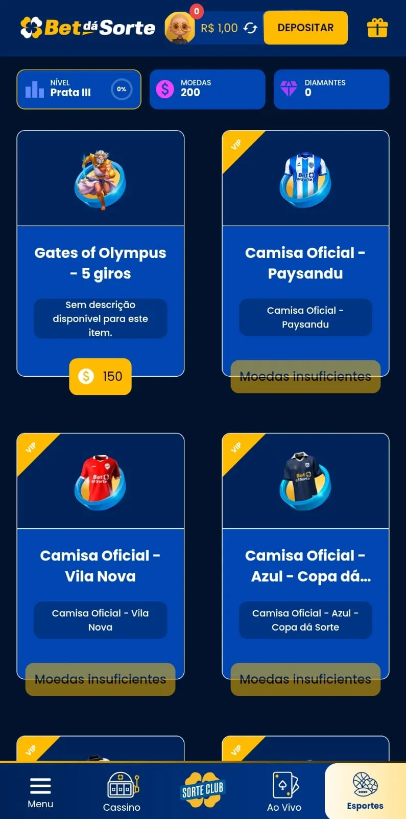 Lista de prêmios, incluindo camisa de times e giros grátis, da loja do Programa de Fidelidade da Bet dá Sorte