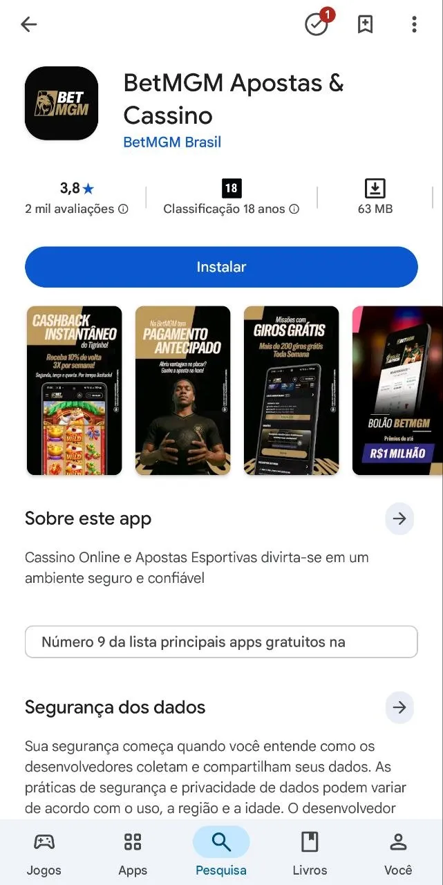 Página da Play Store exibindo o aplicativo oficial da BetMGM para download em dispositivos Android