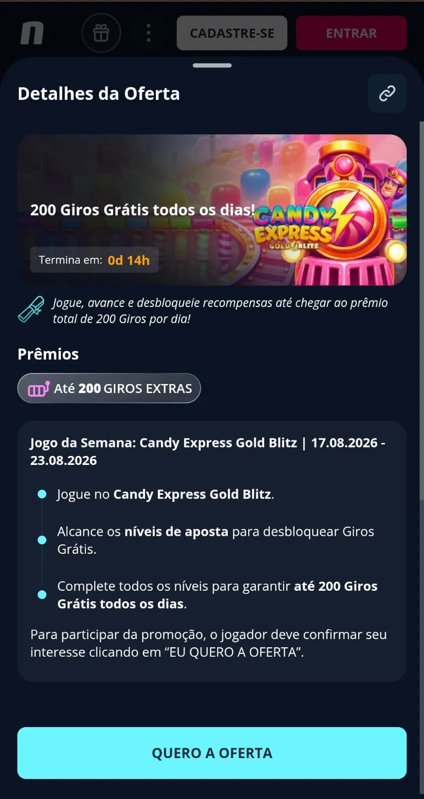 Oferta para o Jogo da Semana Candy Express na Novibet, com até 200 giros grátis.