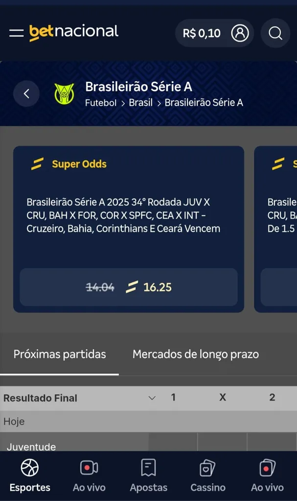 Super odds da Betnacional na página do Brasileirão em mercado combinado para todos os times selecionados vencerem na rodada.