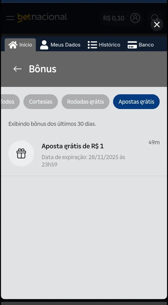 Aposta grátis de R$ 1 disponível na conta na Betnacional para uso em esportes com validade até 28/11/2025.