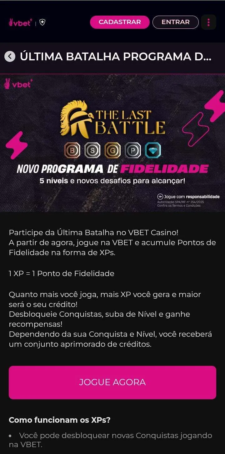 Programa de fidelidade da Vbet "The Last Battle" com botão de ativação