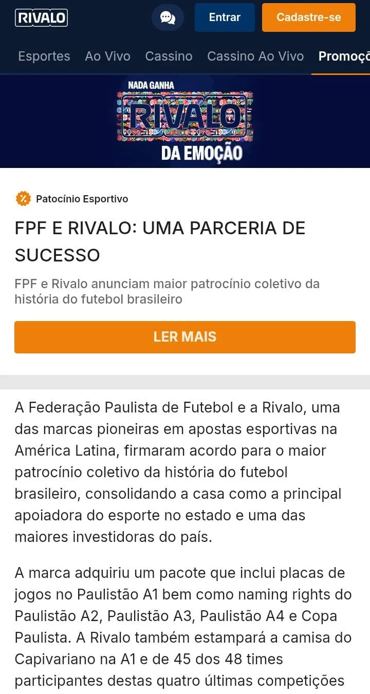 Texto do patrocínio entre Federação Paulista de futebol e Rivalo, anunciando o patrocínio da marca a 46 clubes e 5 competições