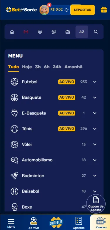 Modalidades ao vivo, incluindo futebol, basquete, tênis e vôlei da Bet da Sorte
