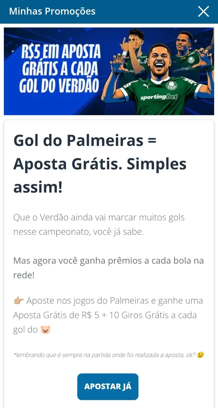 Print da oferta de R$ 5 em aposta grátis a cada gol do Palmeiras