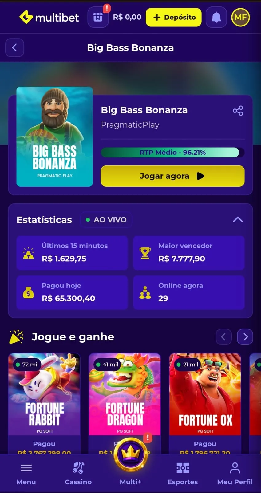 Big Bass Bonanza na Multibet indicando as estatísticas do jogo e o RTP médio de 96,21%.