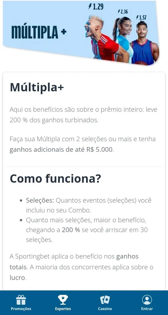Múltipla + na Sportingbet, com 3 esportistas no banner e texto explicativo sobre o resumo da oferta e como funciona
