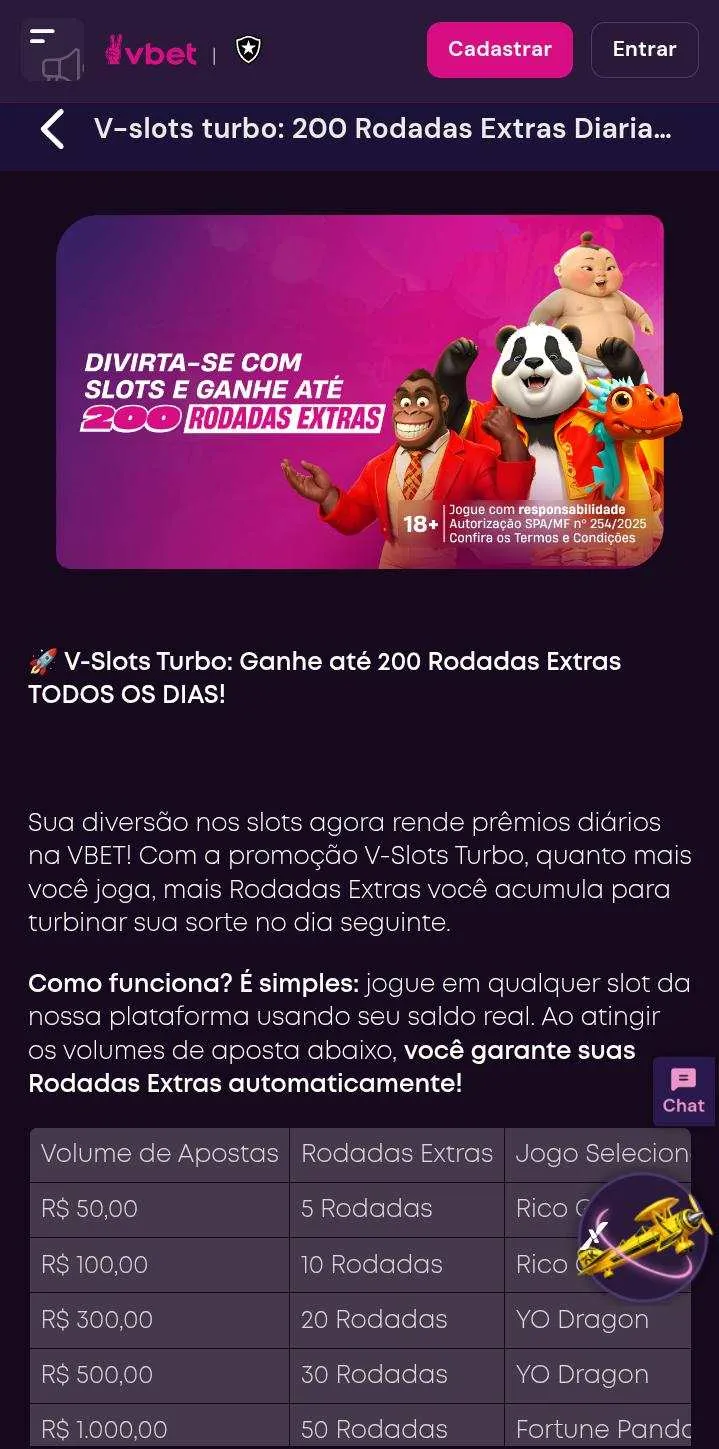 Oferta V-slots Turbo: 200 rodadas extras diariamente, com texto explicativo e personagens dos slots no banner promocional
