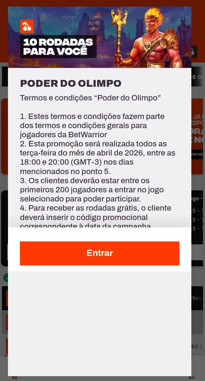 Oferta 10 rodadas extras para você  (Poder do Olimpo) na Betwarrior, com Ades na arte e texto explicativo da oferta