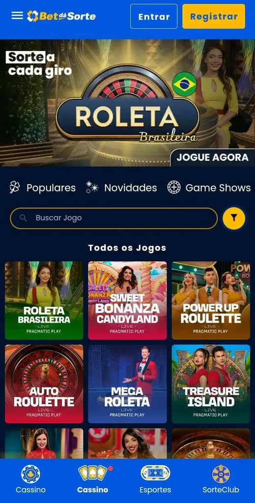 Cassino ao vivo da BetdáSorte com roleta brasileira, Bonanza Candyland e mais.