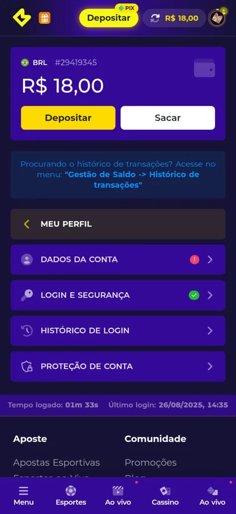 Perfil do usuário na Multibet com saldo em R$18, botões de depósito e saque e menu com botões de configurações da conta.