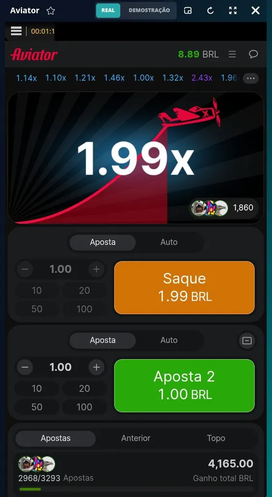 Avião decolando com multiplicador em 1.99x no crash game Aviator, com botão de saque em 1.99 BRL