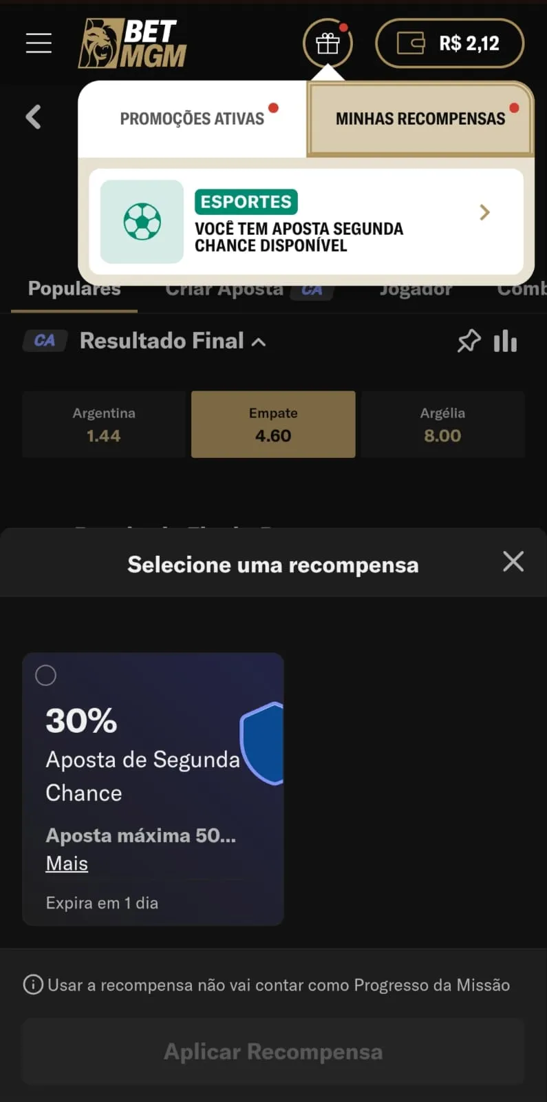 Promoção de Segunda Chance Flexível da BetMGM disponível na aba "Minhas Recompensas" e aplicável diretamente no boletim de apostas.