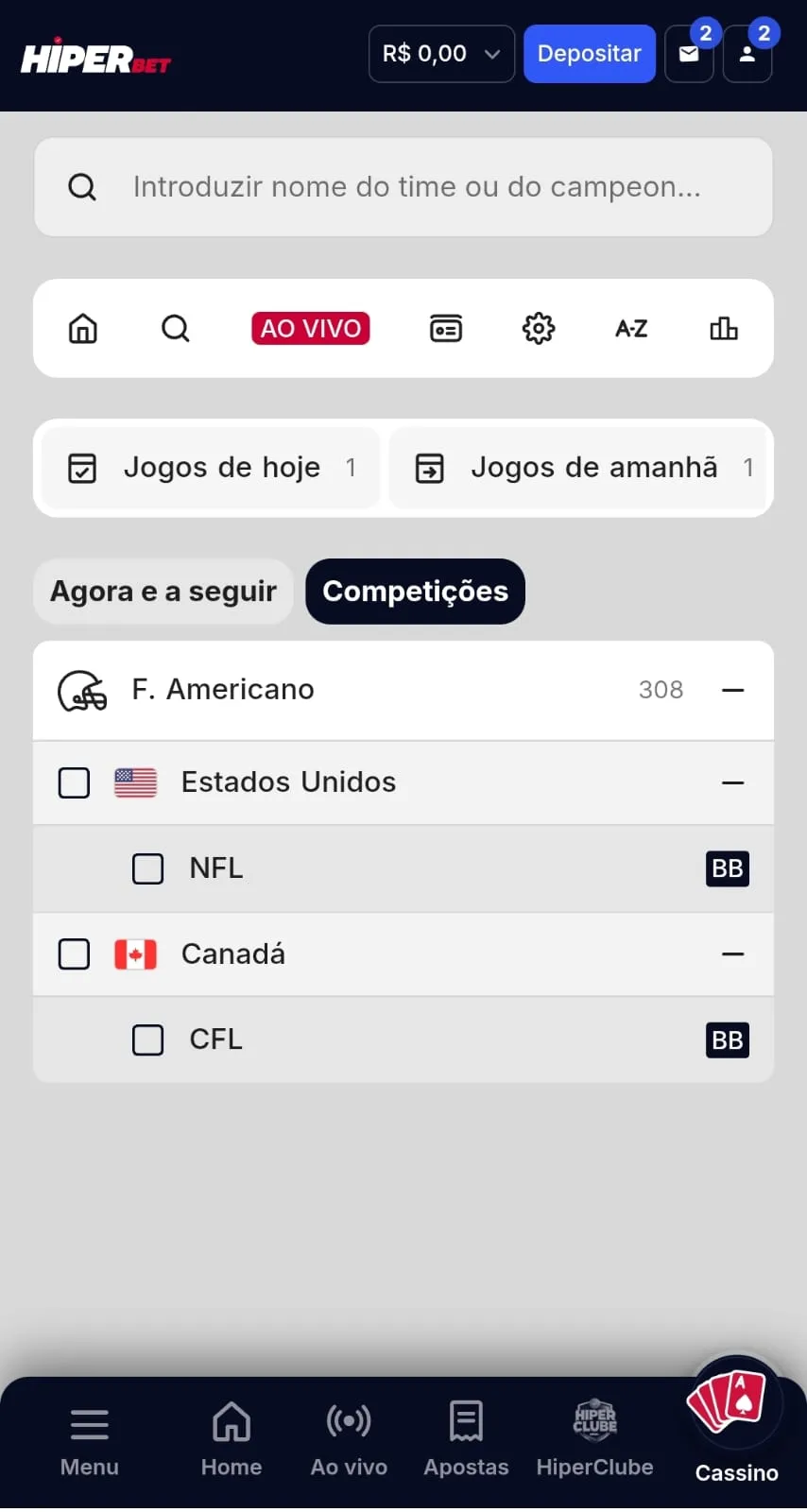 Painel de competições de futebol americano na Hiperbet, incluindo a NFL