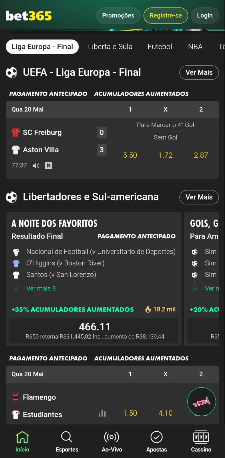 Página de apostas esportivas do app da Bet365