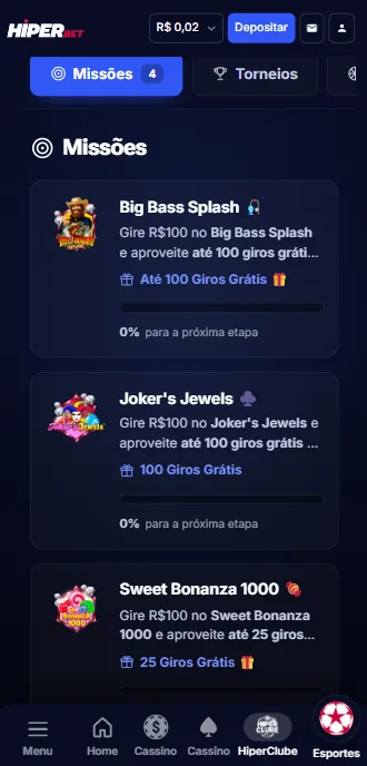Missões da Hiperbet com recompensas no Big Bass Splash, Joker's Jewels e Sweet Bonanza 1000