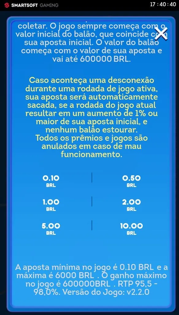 Regras de apostas do jogo Balloon v2.2.0 como aposta mínima de R$ 0,10, ganho máximo de R$ 600000, com RTP de 95,5 a 98%