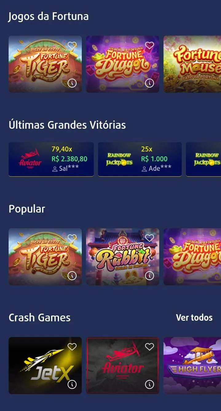 Seções de  Jogos da Fortuna, últimas grandes vitórias, jogos populares e crash games na Lottoland