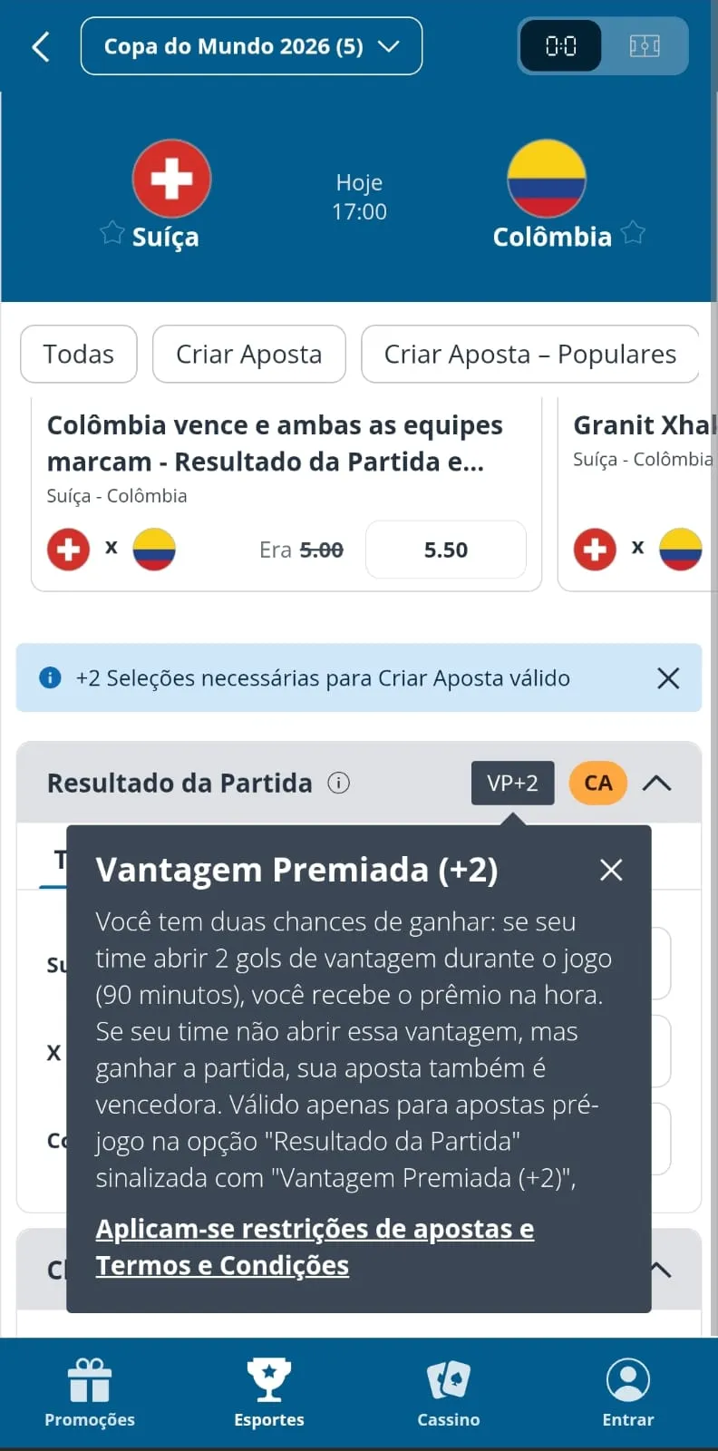 Captura de imagem da partida entre Suíça x Colômbia pela Copa do Mundo na Sportingbet, com destaque para a opção de Vantagem Premiada
Data: 07/07/2026