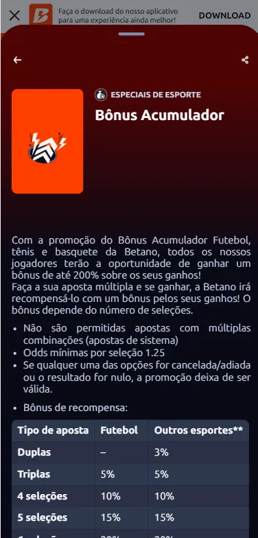 Promoção de bônus acumulador na Betano com até 200% de aumento nas múltiplas selecionadas