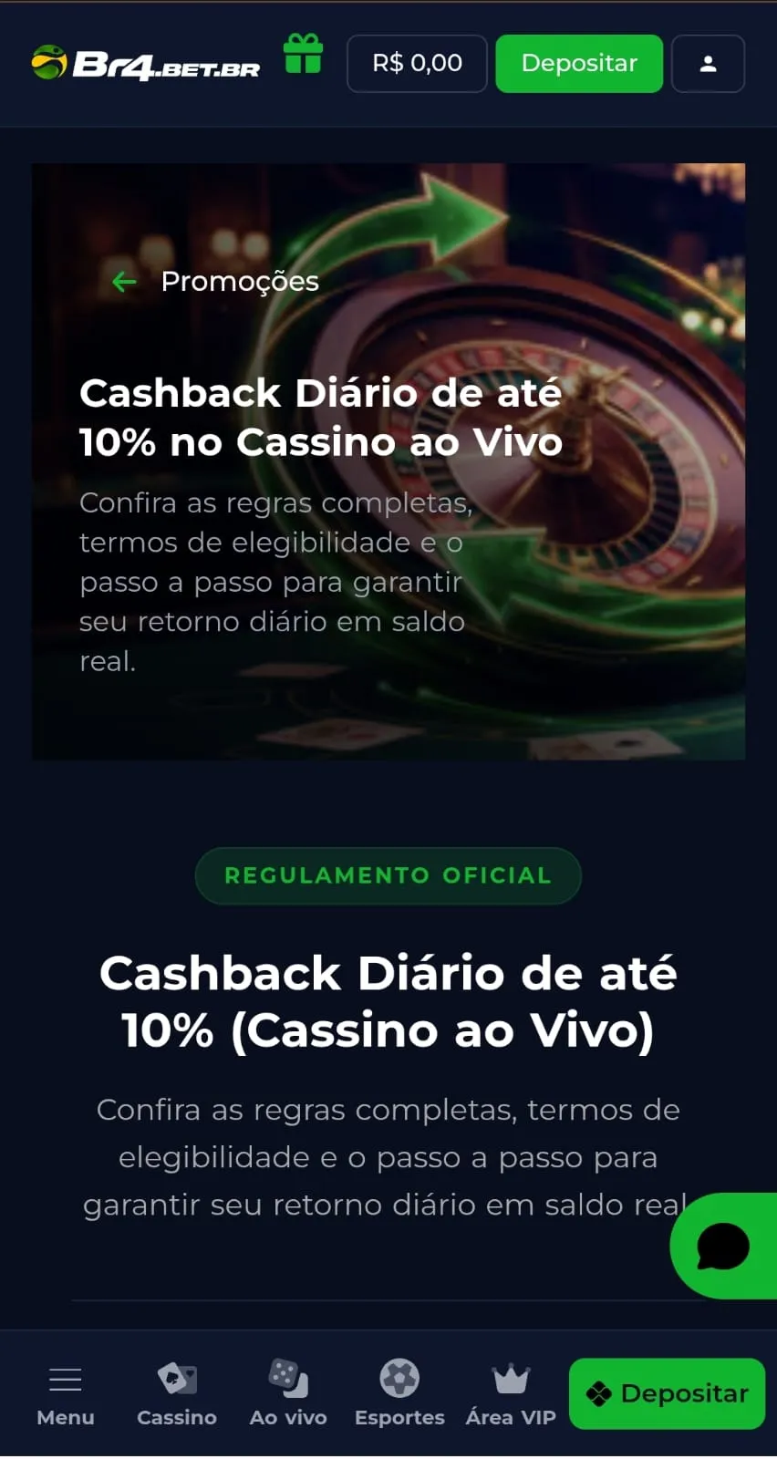 Cashback diário ao vivo da Br4Bet, com texto do regulamento da oferta e diferentes níveis de contribuição.
