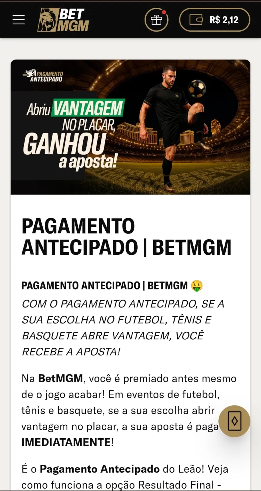 Print da oferta de pagamento antecipado da BetMGM com um banner informando o lema "abriu vantagem no placar, aposta ganha"