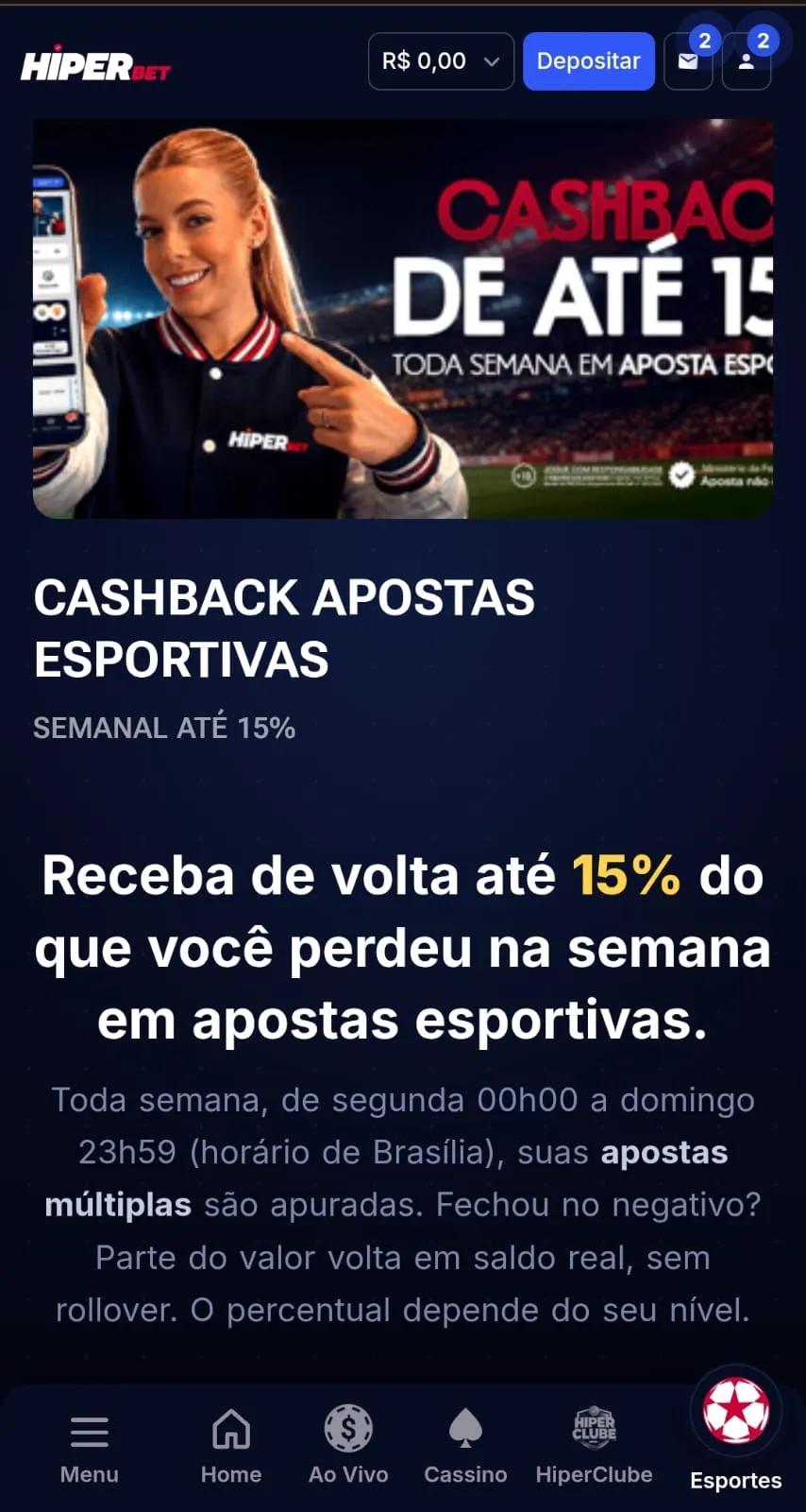 Promoção da HiperBet com até 15% de cashback nos esportes com base no nível do usuário