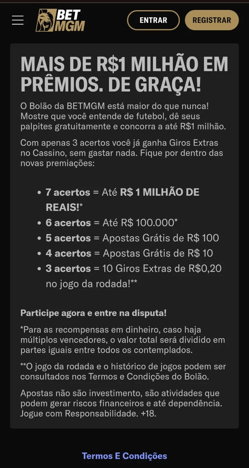 Regras do Bolão da BetMGM, com mais de R$1 milhão em prêmios e premiações de 3 a 7 acertos.
