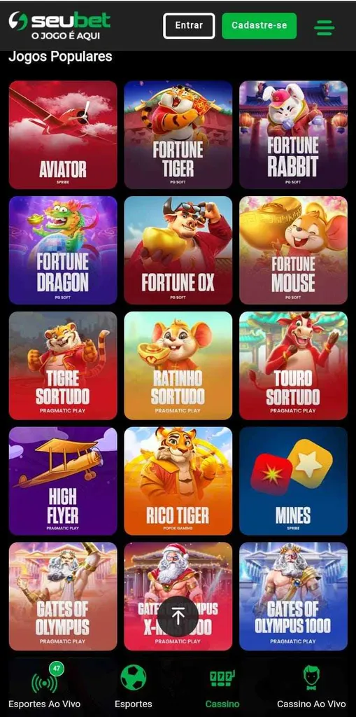 Seleção de 15 jogos populares da SeuBet, como Aviator, Fortune Tiger e Fortune Rabbit