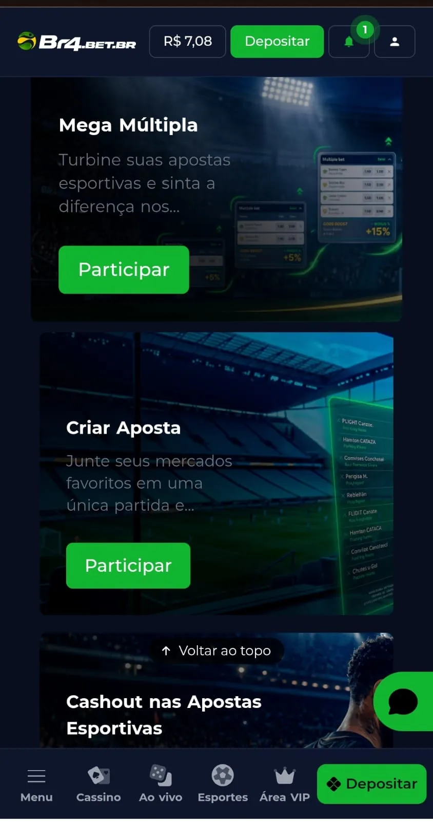 Print da página de ofertas da Br4bet com os banners da Mega Múltipla e Criar Aposta