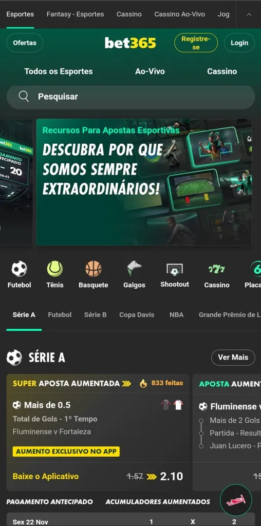 Captura de tela da página inicial da Bet365