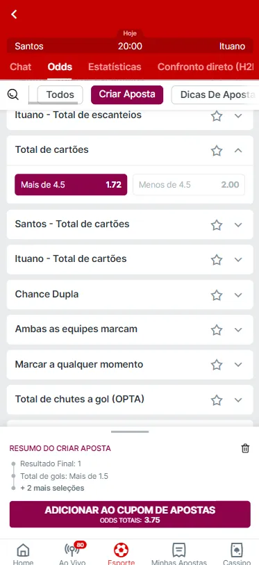Opção Criar aposta da Superbet para o jogo Santos e Ituano, com lista de mercados e odds de 1.72 para mais de 4.5 cartões