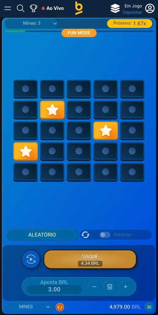 Jogo Mines, com estrelas reveladas em um tabuleiro azul e opção de saque a R$4,34