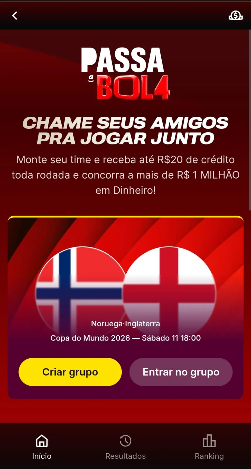 Tela mobile do Passa a Bol4 da Superbet para a Copa do Mundo 2026
Data: 09/07/2026