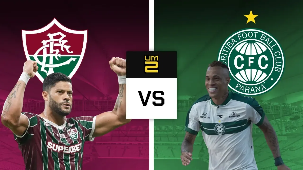 Escudos de Fluminense e Coritiba, além dos jogadores Hulk e Breno Lopes, com o logo UmDois Esportes ao centro