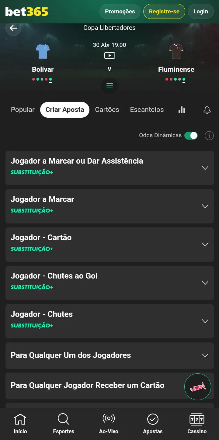 Criar Aposta para o jogo Bolívar v Fluminense, com mercados de Jogador a marcar ou dar Assistência, Cartão e outros