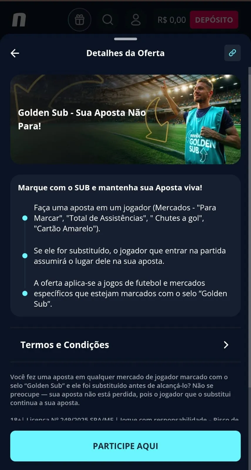 Oferta Golden Sub que mantém a aposta se o jogador for substituído na Novibet.