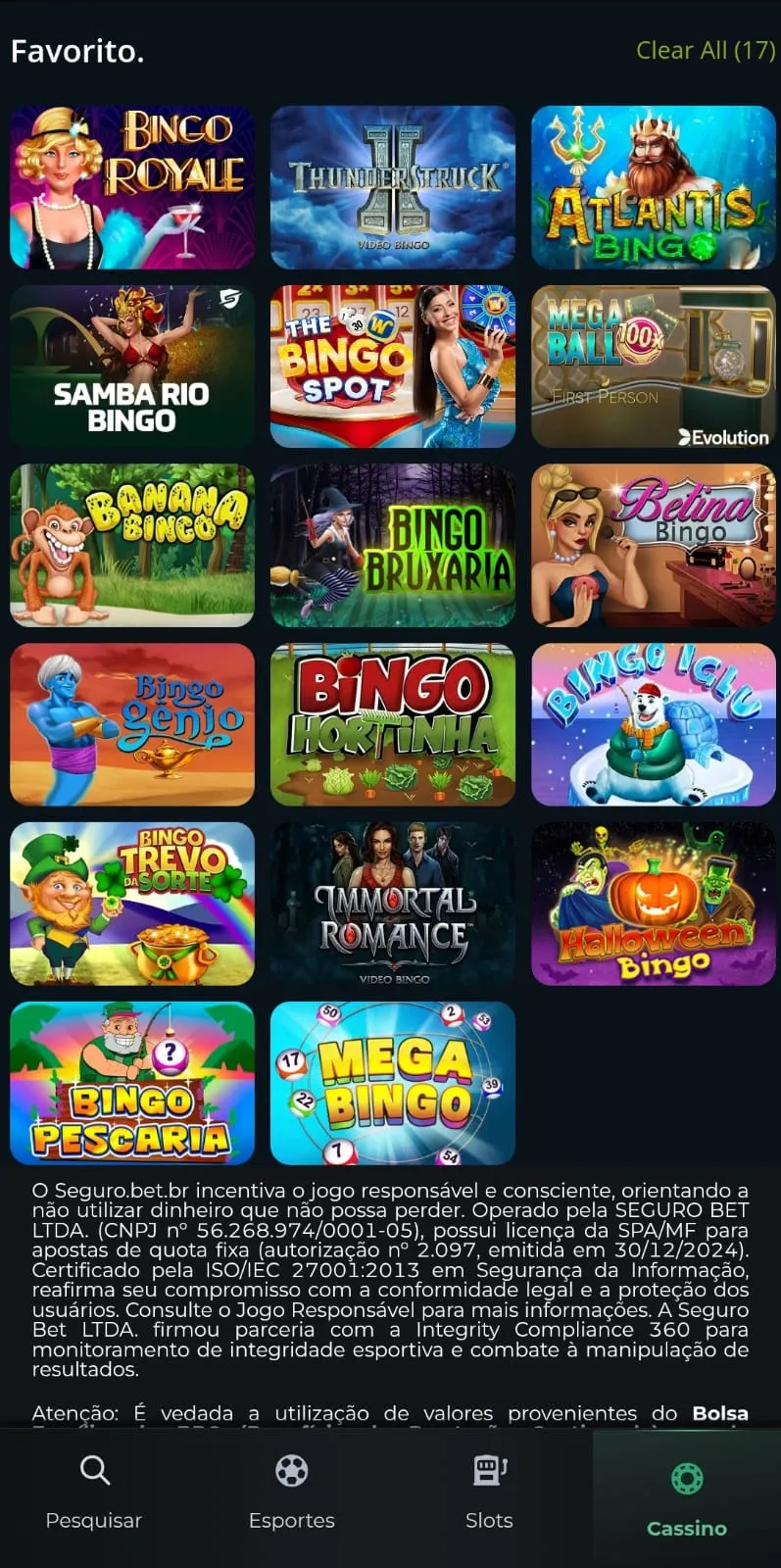 Opções de jogos da seção de bingo da Segurobet