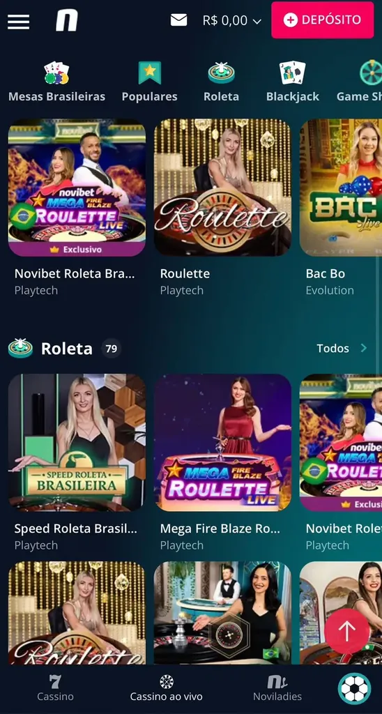 Jogos de cassino ao vivo Novibet com roleta brasileira, Bac Bo, Mega Fire Blaze e mais.