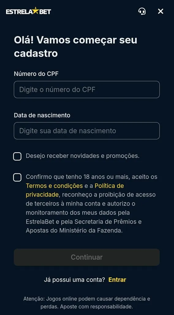 Formulário de cadastro da Estrela Bet, com campos de número de CPF e data de nascimento vazios