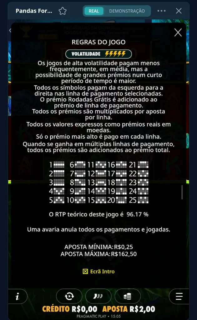 Regras do jogo de Panda's Fortune, com informações de RTP, volatilidade e linhas de pagamento
