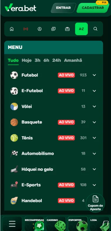 Página de esportes da Vera.bet com modalidades ao vivo, incluindo futebol, e-futebol, tênis e eSports
