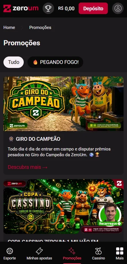 Cassino Zero Um com banner de destaque para o Giro do Campeão, roleta diária