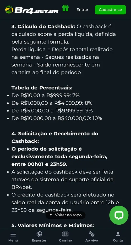 Texto explicativo do cashback da Br4Bet, com o cálculo do cashback, tabela de percentuais e solicitação do reembolso
