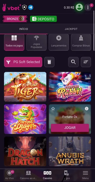 Cassino Vbet com Fortune Ox entre os slots da PG Soft, além de outros títulos Fortune, Dragon Hatch e Anubis Wrath.